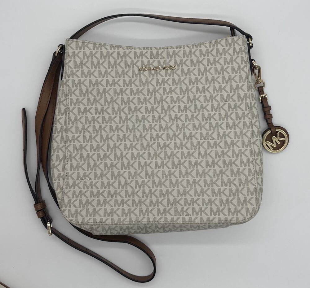 Michael Kors Women’s Beige/Brown Monogram Crossbody Bag Gold, Zip, Charm